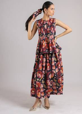 Black floral printed cotton skirt and top set 1