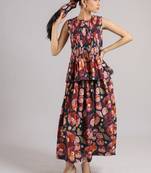 Black floral printed cotton skirt and top set