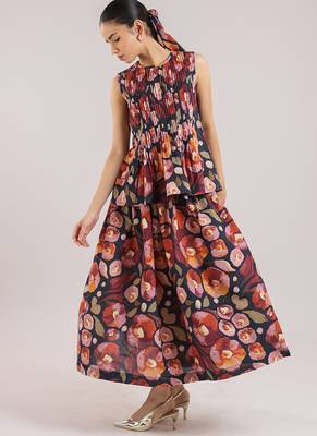 Black floral printed cotton skirt and top set 2