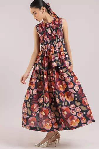 Black floral printed cotton skirt and top set