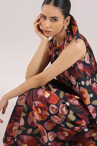 Black floral printed cotton skirt and top set