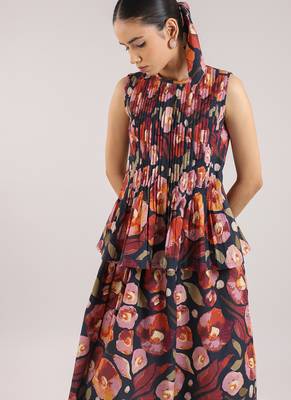Black floral printed cotton skirt and top set 4