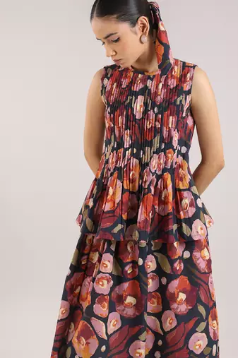 Black floral printed cotton skirt and top set