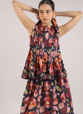 Black floral printed cotton skirt and top set 5