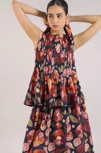 Black floral printed cotton skirt and top set