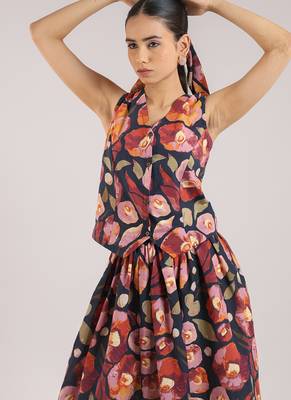 Black floral printed cotton wasit coat and skirt set 1
