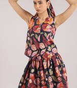 Black floral printed cotton wasit coat and skirt set