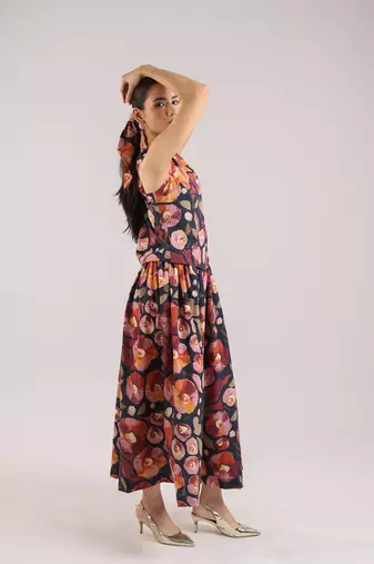 Black floral printed cotton wasit coat and skirt set