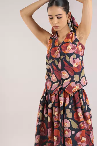 Black floral printed cotton wasit coat and skirt set