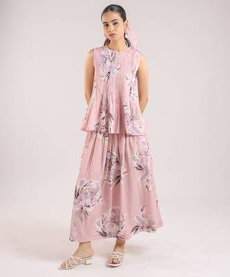 Dusty rose floral printed cotton top and skirt set 1