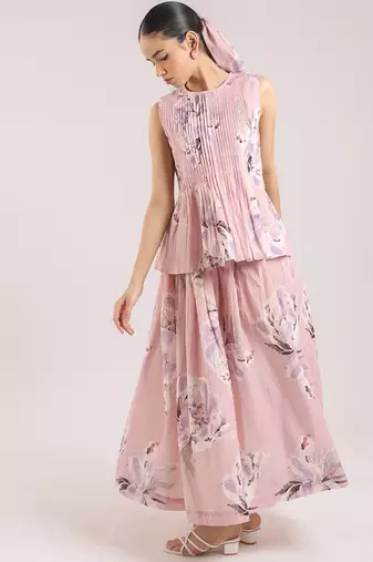 Dusty rose floral printed cotton top and skirt set