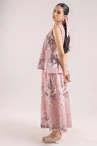 Dusty rose floral printed cotton top and skirt set