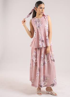 Dusty rose floral printed cotton top and skirt set 4