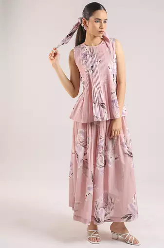 Dusty rose floral printed cotton top and skirt set