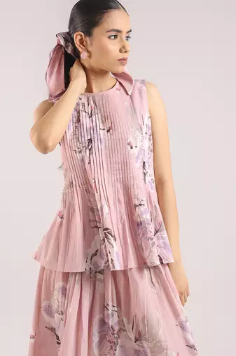 Dusty rose floral printed cotton top and skirt set