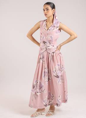 Dusty rose floral printed cotton waist coat with skirt 1