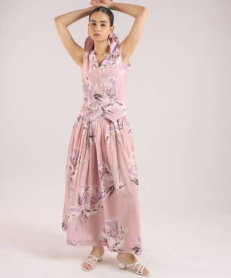 Dusty rose floral printed cotton waist coat with skirt 2