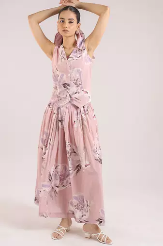 Dusty rose floral printed cotton waist coat with skirt