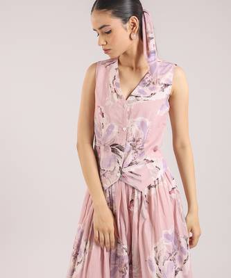 Dusty rose floral printed cotton waist coat with skirt 3