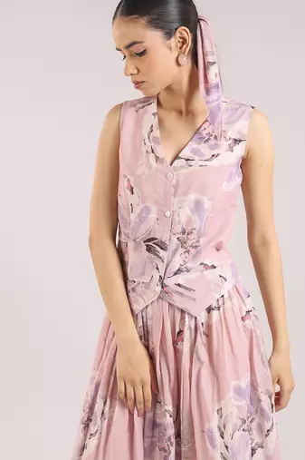 Dusty rose floral printed cotton waist coat with skirt