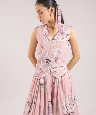 Dusty rose floral printed cotton waist coat with skirt 4