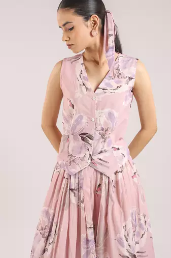 Dusty rose floral printed cotton waist coat with skirt