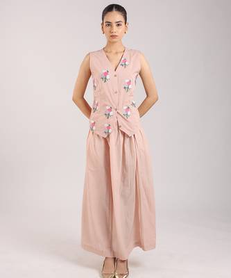 Nude pink floral embroidered cotton waist coat with skirt 1