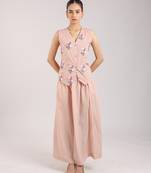 Nude pink floral embroidered cotton waist coat with skirt