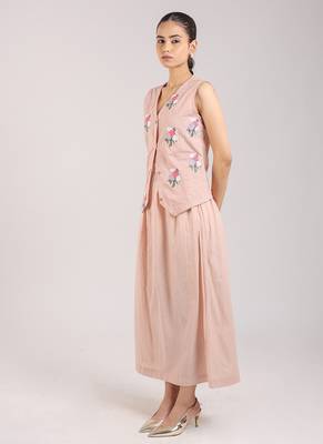 Nude pink floral embroidered cotton waist coat with skirt 2
