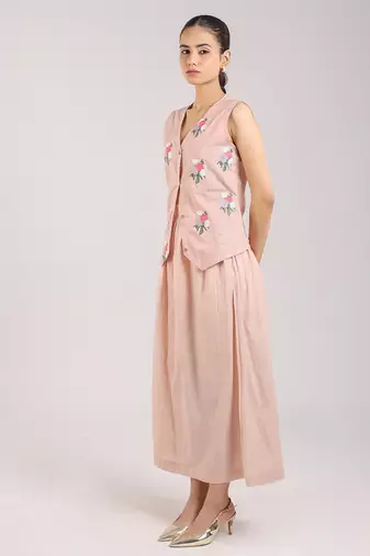 Nude pink floral embroidered cotton waist coat with skirt