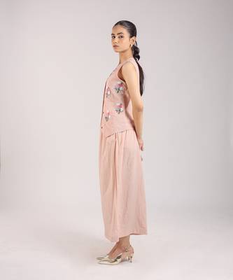Nude pink floral embroidered cotton waist coat with skirt 3