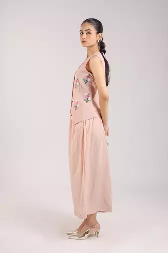 Nude pink floral embroidered cotton waist coat with skirt