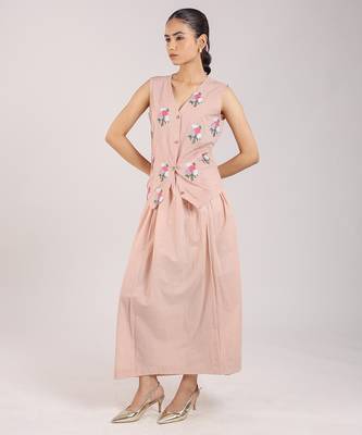 Nude pink floral embroidered cotton waist coat with skirt 4