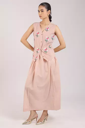 Nude pink floral embroidered cotton waist coat with skirt