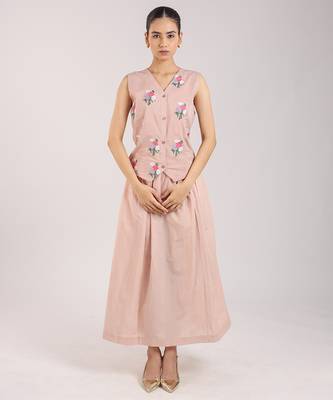 Nude pink floral embroidered cotton waist coat with skirt 5