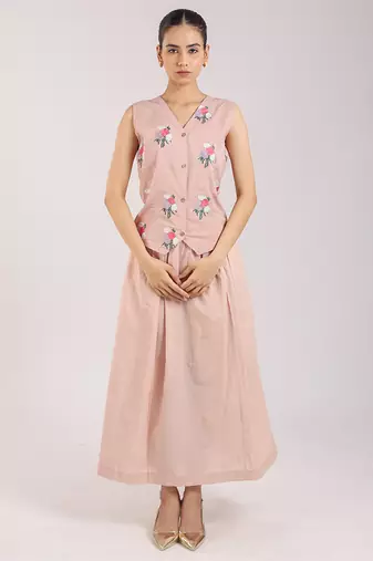 Nude pink floral embroidered cotton waist coat with skirt