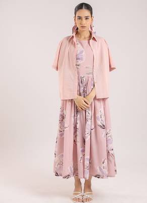 Nude pink floral printed cotton shirt dress paired with a striped slip. 1