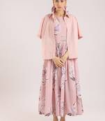 Nude pink floral printed cotton shirt dress paired with a striped slip.