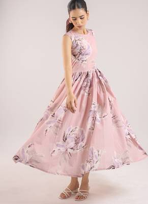 Nude pink floral printed cotton shirt dress paired with a striped slip. 5