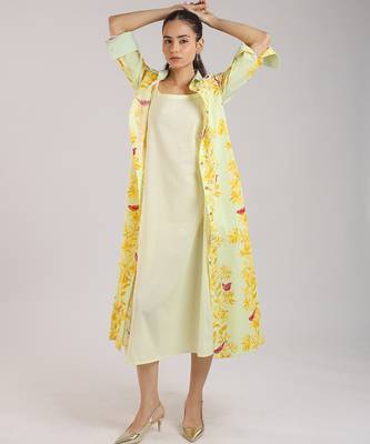 Matcha green floral printed cotton shirt dress paired with a slip. 1