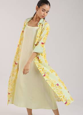 Matcha green floral printed cotton shirt dress paired with a slip. 2