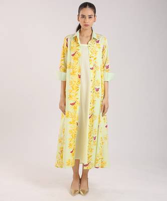 Matcha green floral printed cotton shirt dress paired with a slip. 3