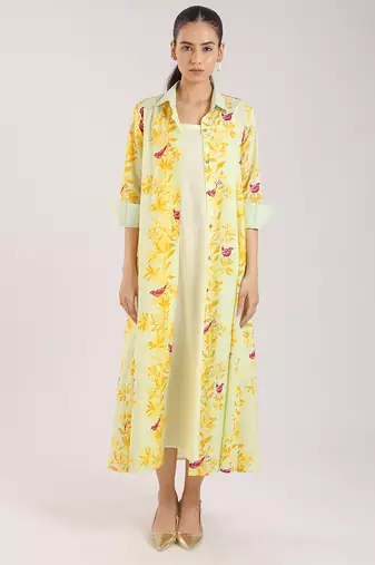 Matcha green floral printed cotton shirt dress paired with a slip.