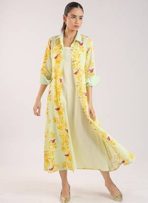 Matcha green floral printed cotton shirt dress paired with a slip. 4