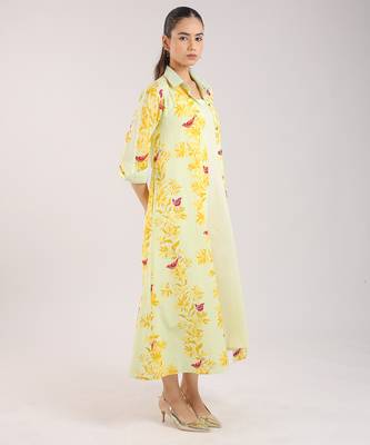 Matcha green floral printed cotton shirt dress paired with a slip. 5