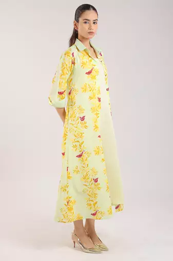 Matcha green floral printed cotton shirt dress paired with a slip.