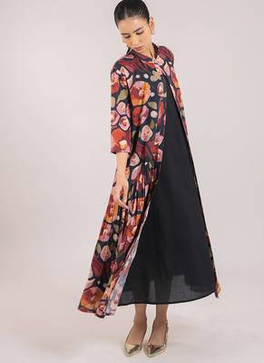 Black floral printed cotton shirt dress and slip set 1