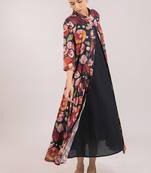 Black floral printed cotton shirt dress and slip set