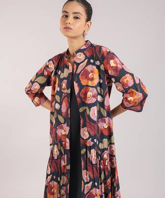Black floral printed cotton shirt dress and slip set 2