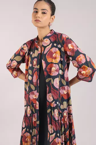 Black floral printed cotton shirt dress and slip set